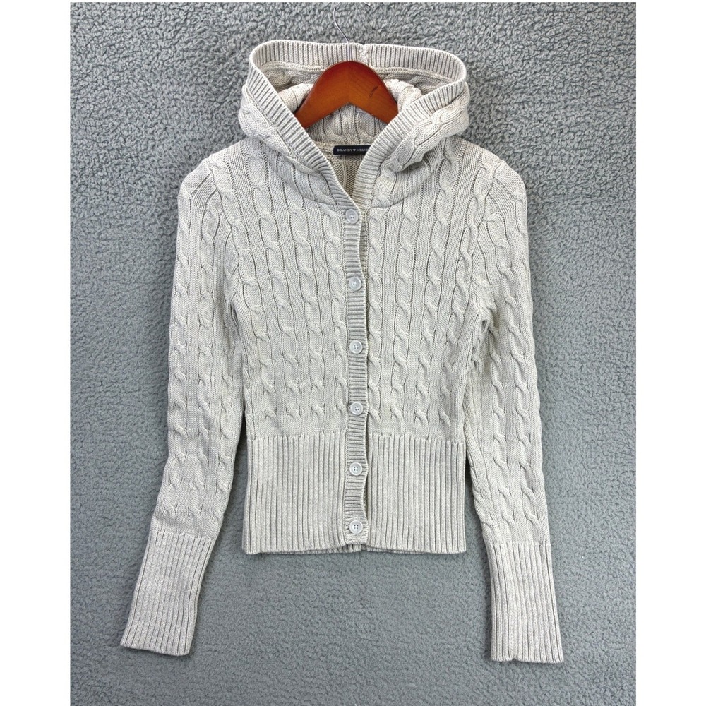 Brandy Melville Cable Knit Hooded Cardigan Sweater Womens OS Gray Cozy Y2K